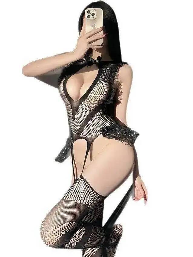 Fishnet Stocking Women - بودي ستوكينج شبكي مثير بحواف دانتيل،