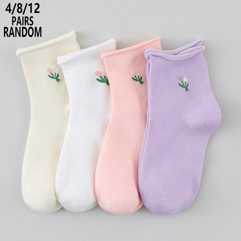 Cotton Crew Sock Pack - 4/8/12 عبوة من الجوارب النسائية المزهرة