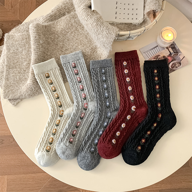 Boot Sock Slouchy - الكورية الحلو الأزهار الصوف منتصف العجل